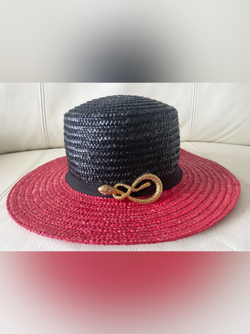 Vintage 90's GOLDEN SNAKE Red Black Straw Women's Boater Hat